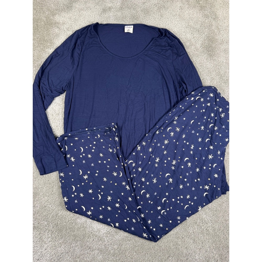 Soma Cool Nights Pajama Set Navy Blue Celestial Moon Star Print Size Large